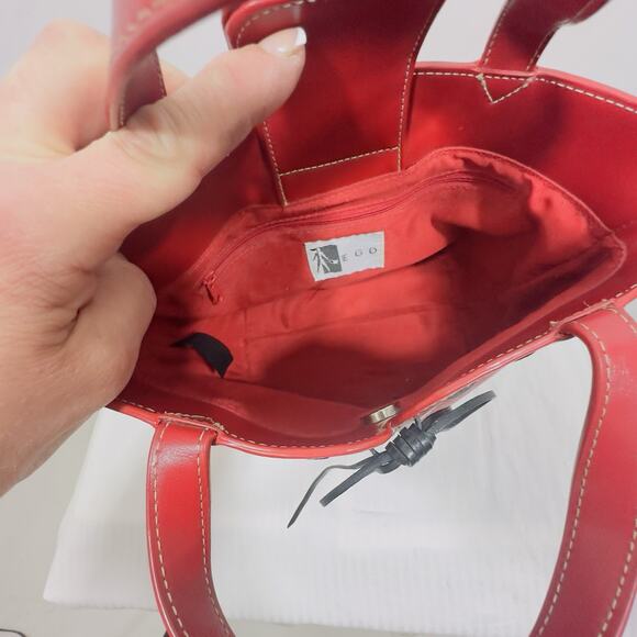 Vintage EGO Red Leather Tote Bag Y2K Bow Detail Top Handle Structured Purse Med - Picture 7 of 10